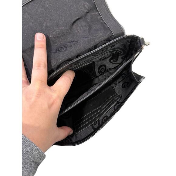 Brighton Black Silver Patent Leather 3D Flower Mini Shoulder Bag - Picture 3 of 8